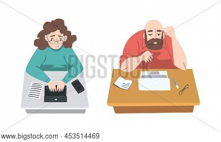 Male And Female Authors Writing Articles Set. Writers Typing On Laptop Computer Cartoon Vector Illus