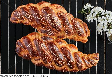 Homemade Jewish Challah Bread, Top View. From Above, Overhead. Sweet Holiday Bread Sprinkled With Se