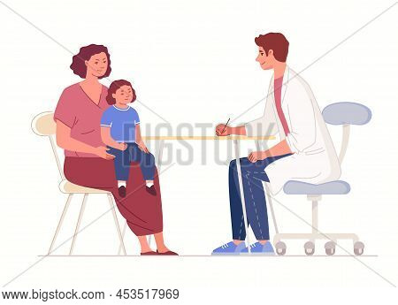 Planned Pediatric Examination Of Baby. Consultation Of Mother's Physician With Child. Healthy Kid At