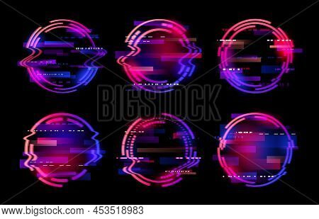 Abstract Neon Circle Rings Or Glitch Frames, Futuristic Technology Vector Background. Glitch Light E