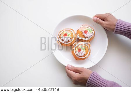 Thai Cake Traditional On Plate.kanom Kai. Dessert Snack Original Style Thai. Cake Jam Orange And Cre
