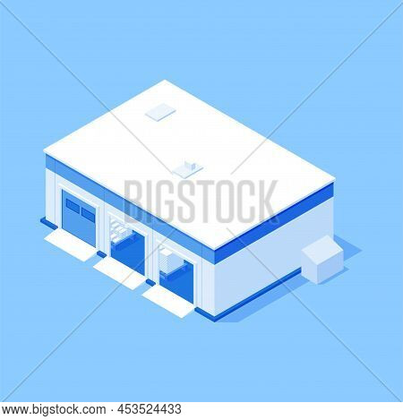 Modern Warehouse Exterior With Open Entrance And Pallet Boxes Container Indoor Storage Isometric Vec