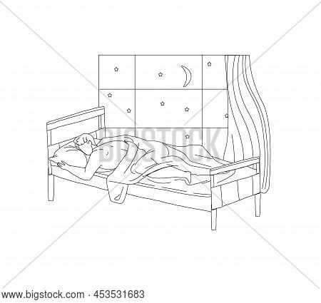 Man Sleeping In Home Bed At Night Outline Vector Drawing. Male Person Having Sweet Dream Rest In Com