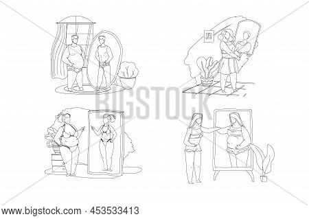 People Looking At Mirror Reflection Isolated Outline Vector Set. Body Rejection Problem, Dysmorphoph