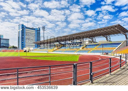 Mogilev, Belarus - September 11, 2021: Renovated Main Football Stadium In Mogilev City In Belarus