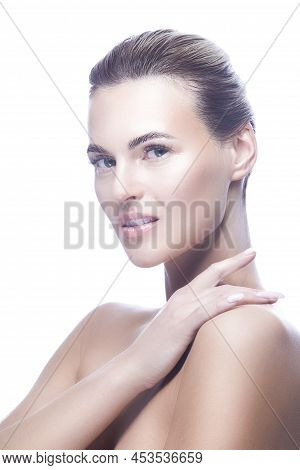 Beauty Portrait Of Winsome Shy Sensual Caucasian Brunette Woman With Fresh Clean Skin For Health Fac