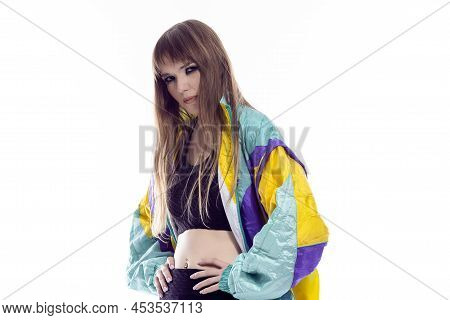 Beautiful Young Winsome Caucasian Female Athlete Sportwoman In Fitness Skinny Outfit Wearing Colorfu