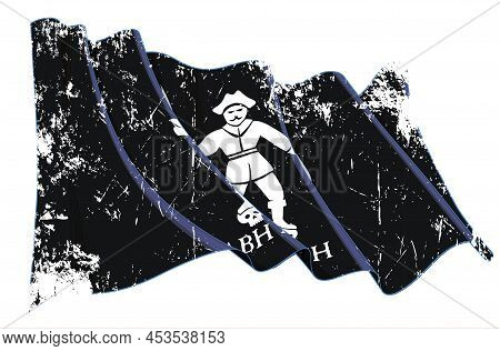 Vector Textured Grunge Illustration Of A Waving Jolly Roger Of Black Bart. All Elements Neatly On We