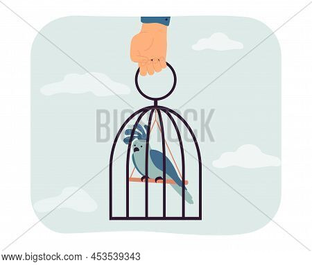 Human Hand Holding Vintage Cage With Sad Bird. Violence Of Man Taking Away Pets Freedom Flat Vector 