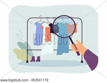 Person Looking At Clothes Rail Through Magnifier. Woman Choosing Outfit Flat Vector Illustration. Sh