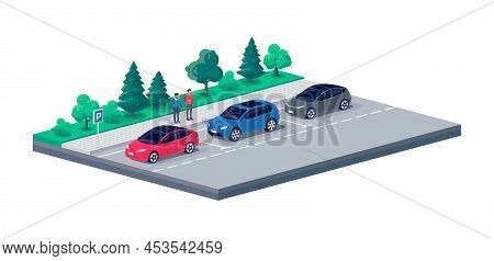Modern Cars Parallel Parking On City Street Road Sideway. Parking Lot With Persons Standing Talking 