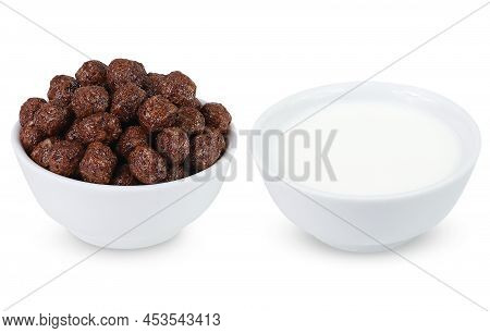 Chocolate Corn Flakes And Milk Isolated On White Background. Chocolate Corn Flakes And Milk In White
