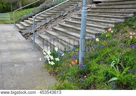 Between The Stairs Is A Waterfall With Stones And Boulders. Artificial Stream With A Waterfall Betwe