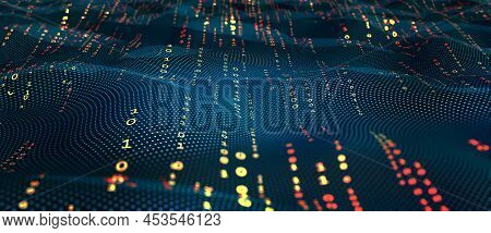 Terabytes Of Binary Code Data Flying In A Stream Of Information. Wavy Field Of Coded Blockchains. Ne