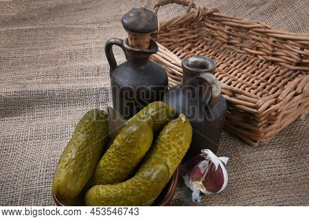 Close Up Of The Pickled Cucumber Cherking Rural On Hessian