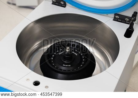 Opened Centrifuge For Sample Preparation And Phase Separation In Analytical Or Clinical Laboratory.