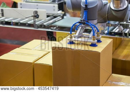 The Hi-technology Material Handling Carton Box In The Warehouse Building By Robotic System. The Auto