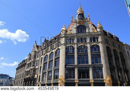 Leipzig City Landmark, Germany. Art Nouveau Architecture In Innenstadt District.