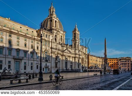 Rome, Italy - April 3, 2022: Piazza Navona And Church Of Saint Agnes At The Circus Agonalis In Morni
