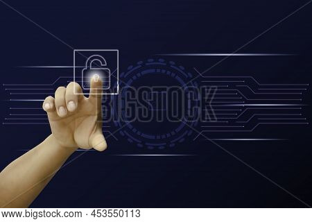 Busines Man Touching Virtual Button To Unlock Security Protection Correct Way For Safety Data Concep