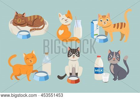 Cute Cat Cartoon Characters With Milk Vector Illustrations Set. Comic Domestic Animals Drinking Milk