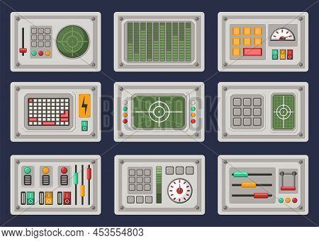 Different Control Panels Cartoon Illustration Set. Retro Consoles With Buttons, Knobs, Switches. Met