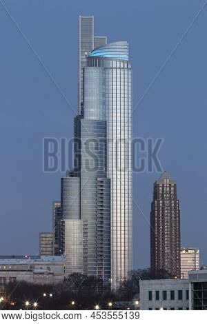 Chicago - Circa April 2022: Grant Condominium tower at sunrise. The Grant condos facing east have a direct view of Lake Michigan, the north facing units overlook Downtown Chicago.