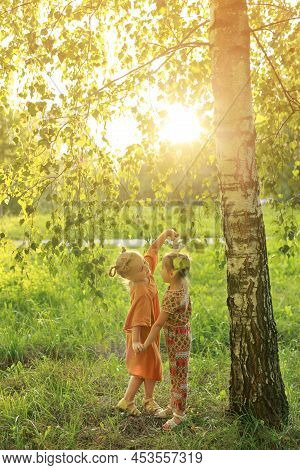 Two Cute Little Girls Are Spinning Together Holding Hands In The Park By A Birch Tree At Sunset. Kid