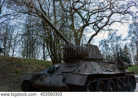 Soviet T34 Tank Under A Blue Sky. Tank-monument.