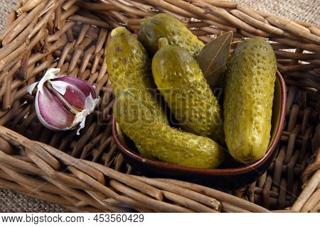 Close Up Of The Pickled Cucumber In Basket Rural