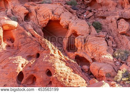 Overton, Nevada, Usa - February 24, 2010: Valley Of Fire. Closeup Of Group Of Cave Openings In Tube-