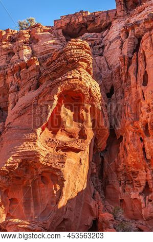 Overton, Nevada, Usa - February 24, 2010: Valley Of Fire. Evening Closeup Of Naturally Sculpted Red 