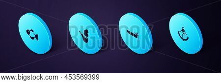 Set Isometric Anchor, Inflatable Boat With Motor, Smoking Pipe And Fish Icon. Vector