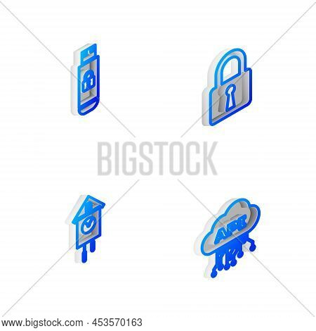 Set Isometric Line Lock, Usb Flash Drive With Lock, Retro Wall Watch And Cloud Api Interface Icon. V