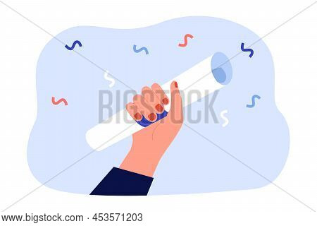 Graduate Hand Holding Rolled Paper With Diploma. Happy Person With Certificate And Confetti Flat Vec
