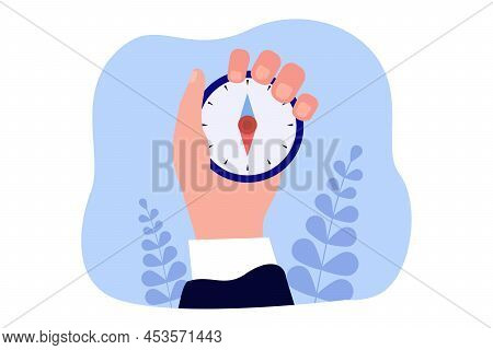 Businessman Using Compass To Find Right Direction And Way. Hand Of Person Holding Device For Navigat