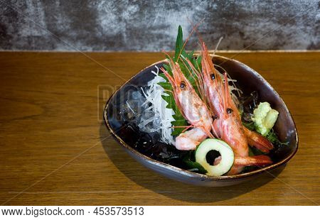 Amaebi, Sweet Shrimp Or Spot Prawns, Served On Ice With Green Tosaka Nori And Fresh Wasabi Shredded 