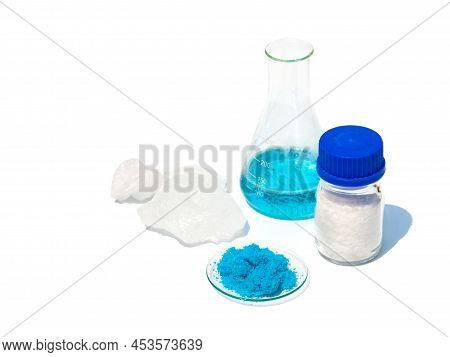 Inorganic Chemical On White Laboratory Table. Copper(ii) Sulfate, Microcrystalline Wax, Nickle Chlor