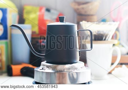 Kettle., Drip Coffee., Background Of Morning Coffee Dripping Atmosphere., Close-up Shot Of Blurred C