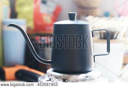 Kettle., Drip Coffee., Background Of Morning Coffee Dripping Atmosphere., Close-up Shot Of Blurred C
