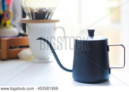 Kettle., Drip Coffee., Background Of Morning Coffee Dripping Atmosphere., Close-up Shot Of Blurred C