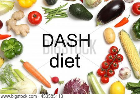 Balanced Food For Dash Diet To Stop Hypertension. Different Fresh Healthy Products On White Table, F