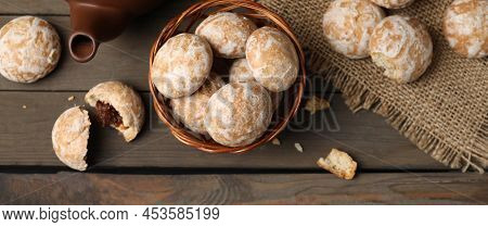 Tasty Homemade Gingerbread Cookies On Wooden Table, Flat Lay. Banner Design