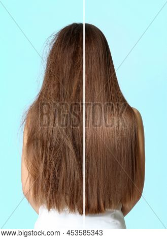 Woman Before And After Washing Hair With Moisturizing Shampoo On Turquoise Background, Collage