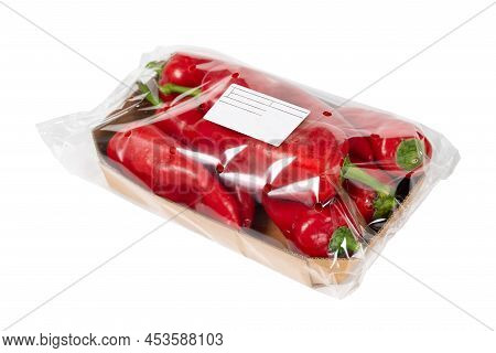 Packed And Labeled Capia Pepper On An Isolated White Background