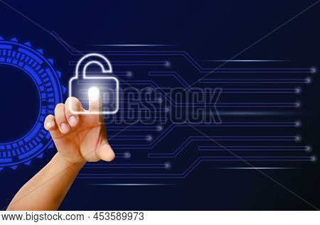 Busines Man Touching Virtual Screen  Button To Unlock Security Protection Correct Way For Safety Dat