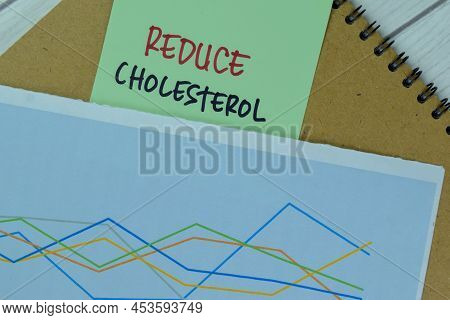 Reduce Cholesterol Write On Sticky Notes Isolated On Wooden Table. Fitnes And Diet Concept