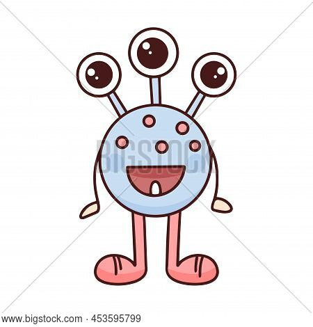 Funny Monster With Three Eyes And One Tooth Isolated Object. Baby Character Vector Illustration. Fun