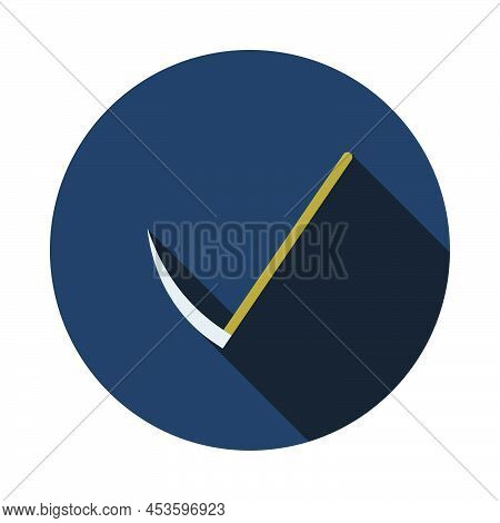 Scythe Icon. Flat Circle Stencil Design With Long Shadow. Vector Illustration.