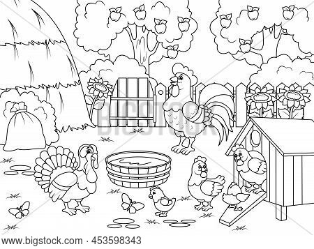 Bird Yard, Farm. Chickens And A Turkey Are Walking In The Yard. Childrens Coloring, Black Lines, Whi
